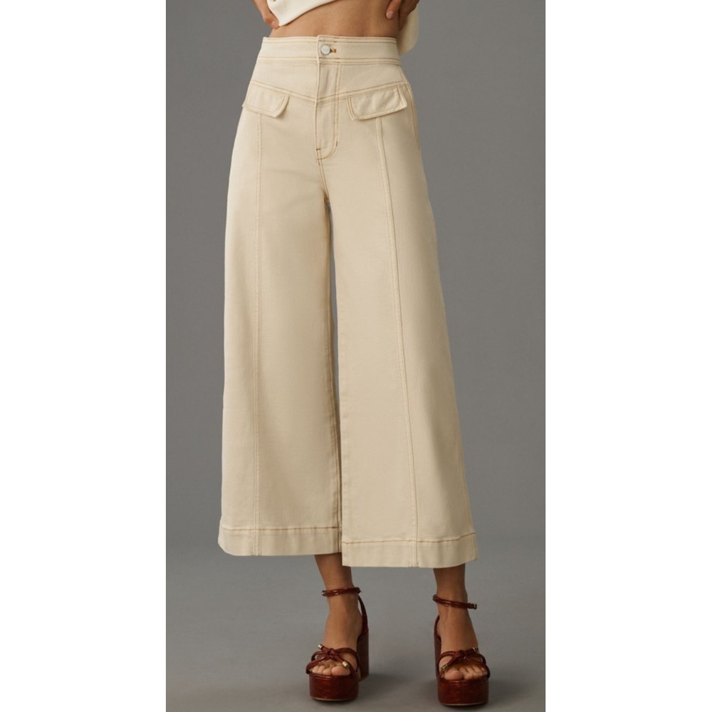 Pilcro by Anthropologie High Rise Crop Wide Leg Utility Jeans Neutral Cream 28